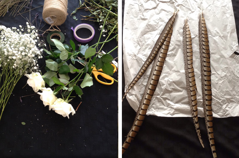 Flower bouquet building - floristry supplies and feathers