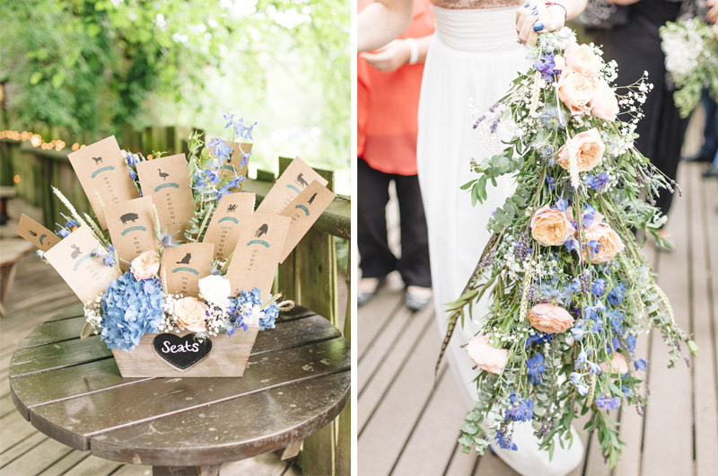 Finished seating plan display and bride bouquet